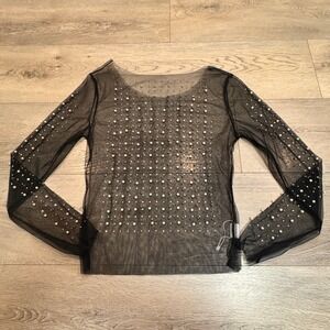 Black Mesh Sheer Pearl Embellished Long Sleeve Top Womens Size Medium M